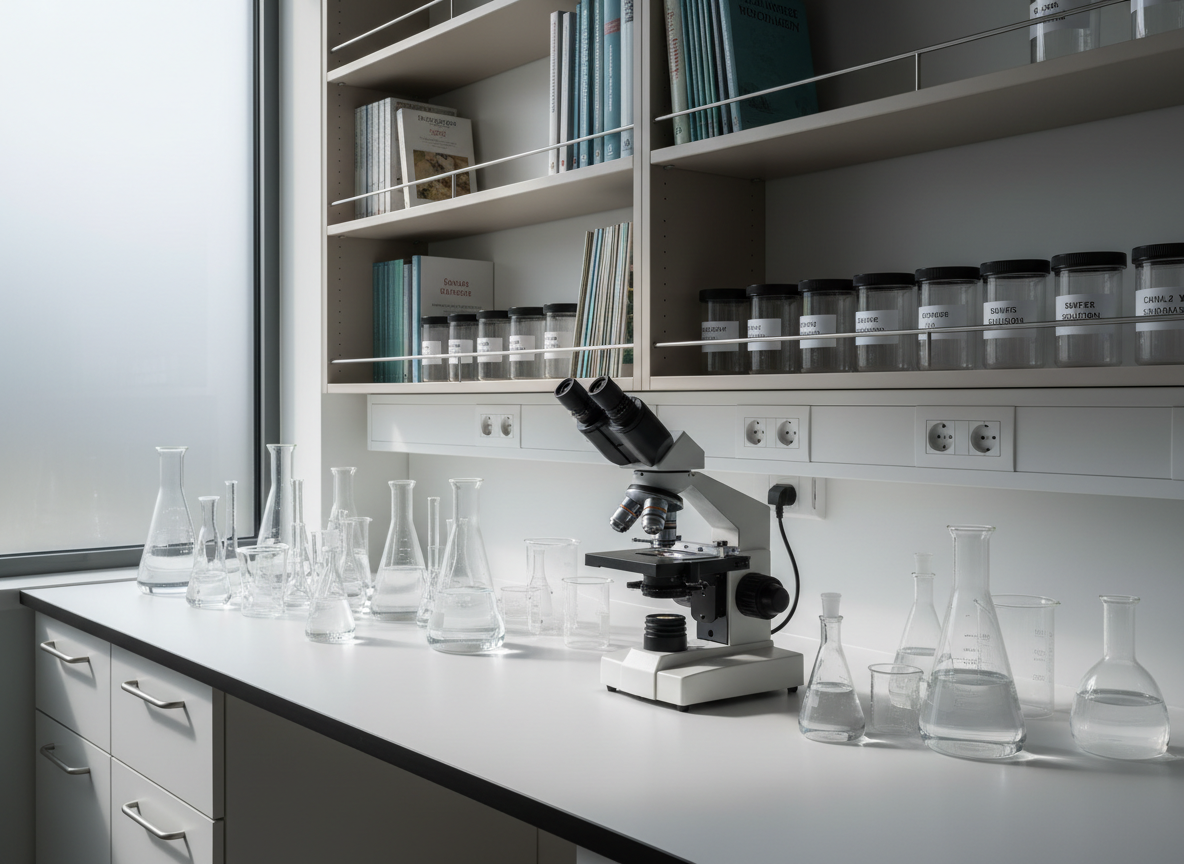 A meticulously organized laboratory workspace featuring gleaming glass beakers, Erlenmeyer flasks, and a stainless steel microscope on a matte white countertop. The backdrop consists of well-arranged neutral-toned shelving holding scientific journals and neatly labeled containers. Diffused daylight streams through a frosted window, casting crisp, subtle shadows and creating a structured, professional atmosphere. The composition is shot at eye level with sharp focus throughout, employing balanced geometry and clean lines that suit a modern, photographic realism. This visual conveys the disciplined, academic world of scientific research in an inviting and credible manner, directly supporting educational credibility.
