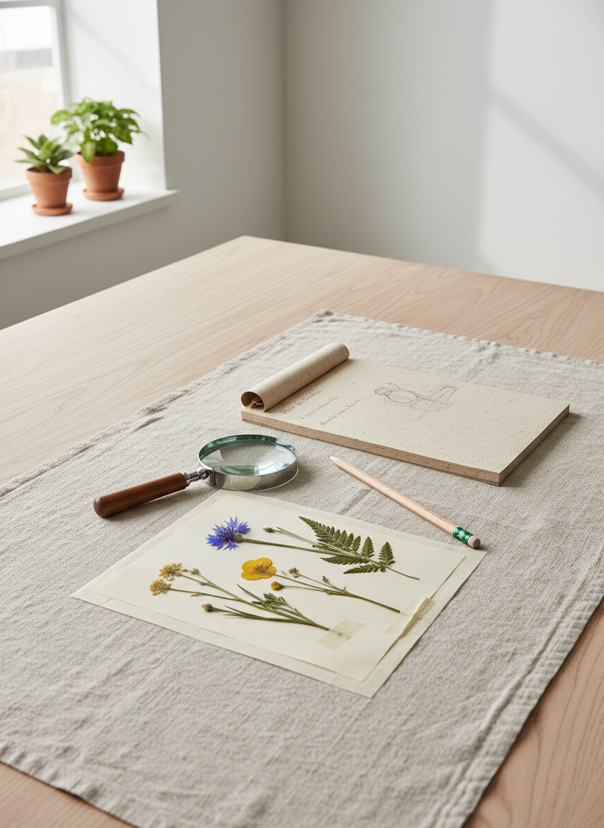An array of carefully arranged field study tools including a stainless steel magnifying lens, recycled-paper notepad, eco-friendly pencil, and pressed wildflower specimen sheet, all displayed on a neutral-toned linen cloth. The background is a minimalistic workspace with clean white walls and subtle hints of green from potted plants. Even, diffused daylight from a large window softly accentuates the materials' textures, casting discrete, tidy shadows. Shot from a slightly elevated angle with precise, balanced composition, the image communicates a sense of methodical inquiry and environmental stewardship, perfectly suited to the professional exploration of eco-justice topics.