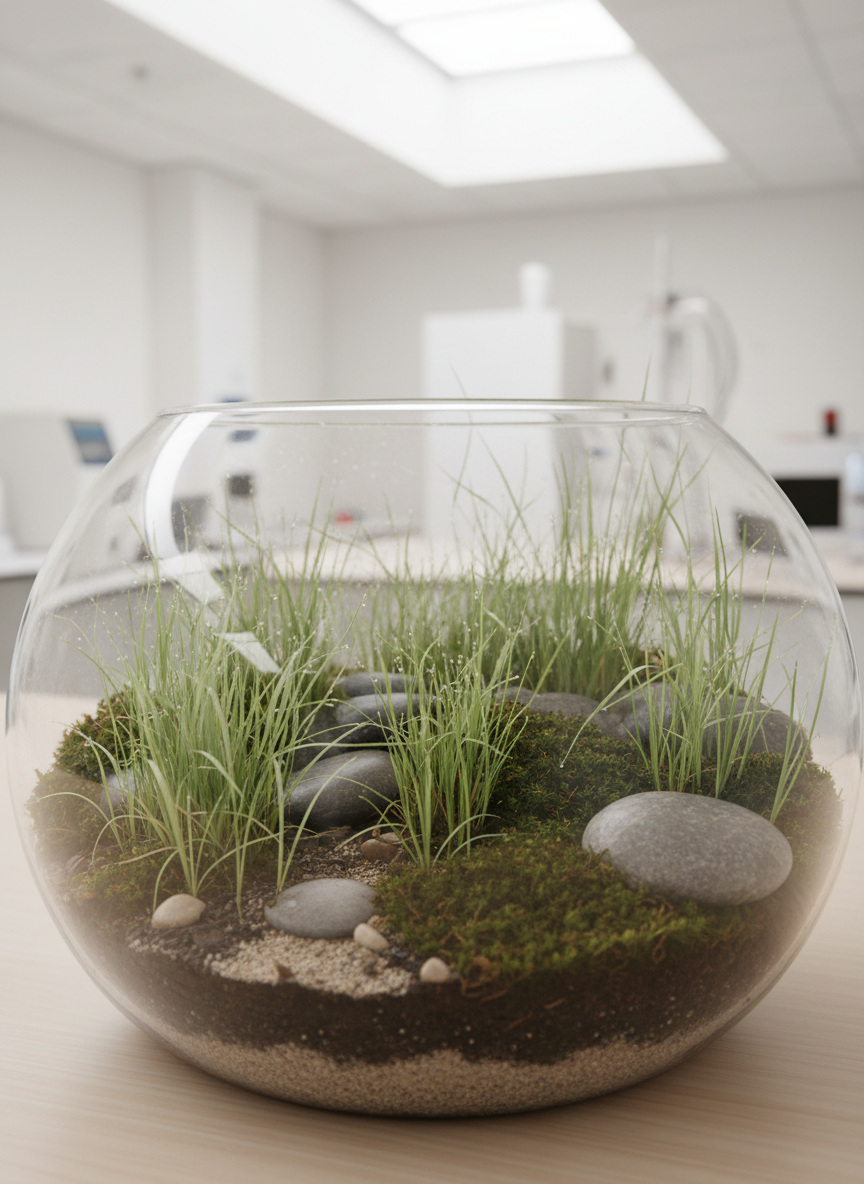 A close-up view of interwoven native grasses, dark moss patches, and smooth river stones arranged inside a glass terrarium with minimal, tidy soil layers. The scene is set on a pale wood tabletop in a well-lit, uncluttered laboratory space, where soft natural daylight from an overhead skylight gently illuminates each texture and detail. The composition uses shallow depth of field with foreground grasses in crisp focus and the background softly blurred, fostering a serene, eco-conscious mood. The style is photographic and clean, emphasizing multispecies relationships and environmental themes central to eco-just science education.