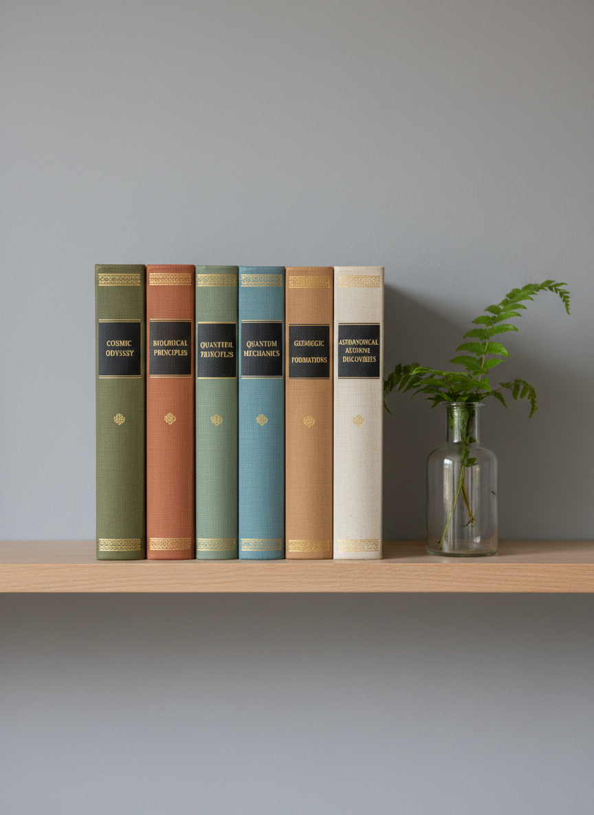 A structured row of vintage hardcover science books with linen covers in subtle earth tones, their spines embossed with gold titles, standing upright on a smooth ash wood shelf. Next to the books, a clear glass vessel contains a small green fern, its delicate fronds arching gently. The scene is positioned against a soft gray wall in a modern research office, lit by gentle overcast daylight that highlights the natural textures without harsh shadows. Captured from a straight-on eye-level perspective with sharp clarity and a centered, balanced composition, this image embodies academic professionalism, structured knowledge, and a connection to nature.